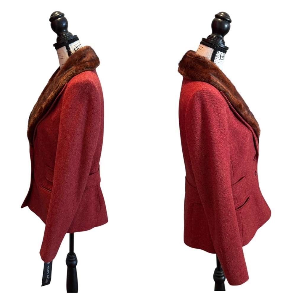 Anne Klein 2Pc Pant Suit Blazer Jacket Faux Fur Wool Blend Red Orange Size 8 NWT - Picture 5 of 16